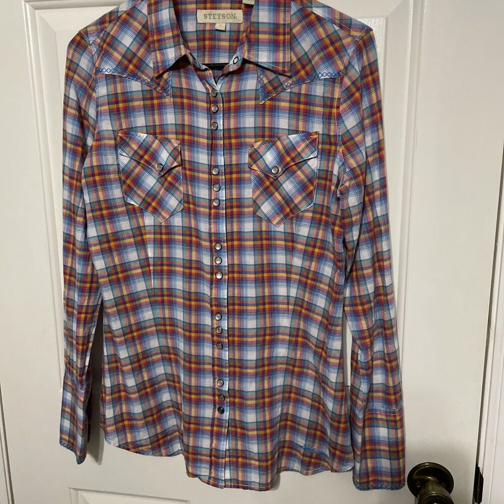 Stetson Women’s Western Shirt Plaid Sz S Long Sleeve Snap Button Thin Rare